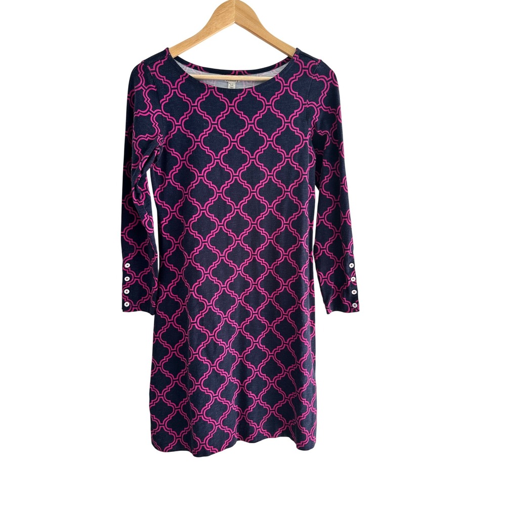 Hatley Womens Navy Pink Geometric Long Sleeve Shift Dress Medium 100% Cotton